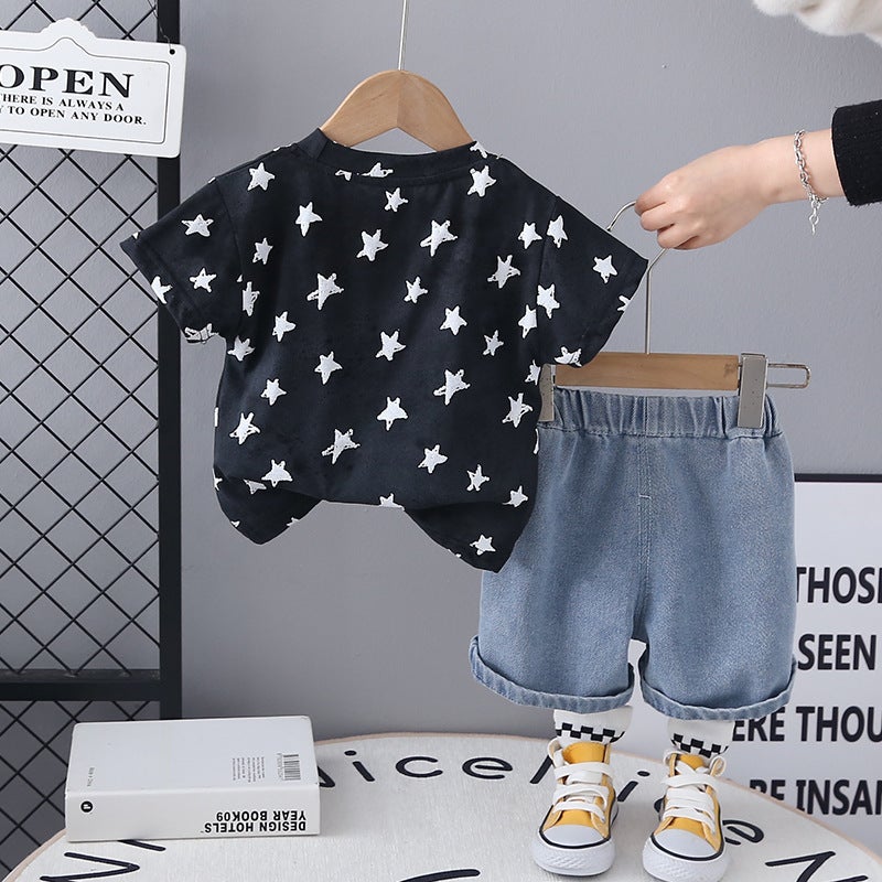 Children'S Creative Full-Print Five-Pointed Star Breathable Loose Suit Trendy Casual Short-Sleeved T-Shirt Two-Piece Set - Image 5