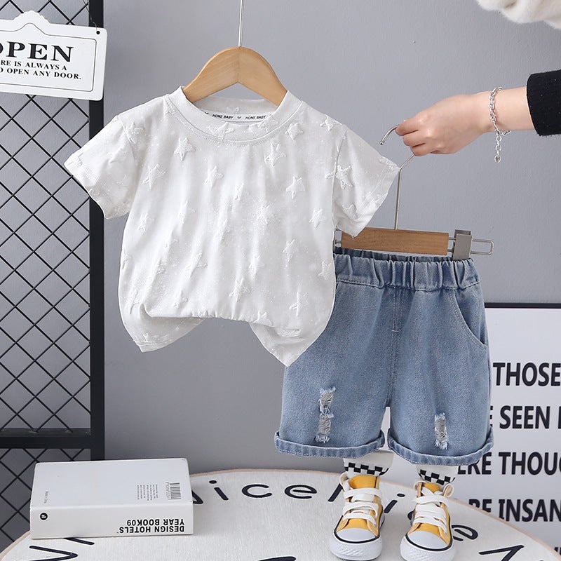 Children'S Creative Full-Print Five-Pointed Star Breathable Loose Suit Trendy Casual Short-Sleeved T-Shirt Two-Piece Set - Image 2