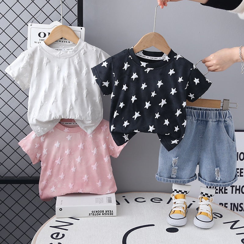 Children'S Creative Full-Print Five-Pointed Star Breathable Loose Suit Trendy Casual Short-Sleeved T-Shirt Two-Piece Set - Image 3