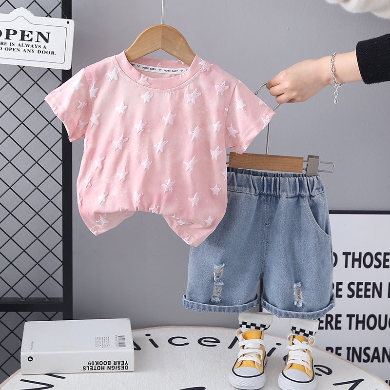 Children'S Creative Full-Print Five-Pointed Star Breathable Loose Suit Trendy Casual Short-Sleeved T-Shirt Two-Piece Set - Image 4