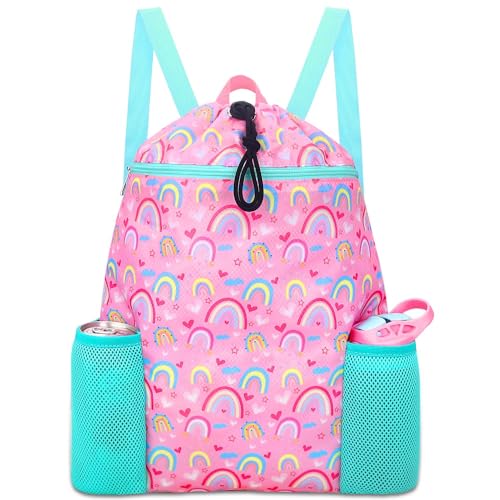 RHCPFOVR Rainbow Drawstring Backpack for Kids Drawstring Bags for Girls Swim Bag for Beach Swimming Pool Lightweight Draw String Bags Waterproof Sports Gym Bag With Two Water Bottle Holder - Image 1