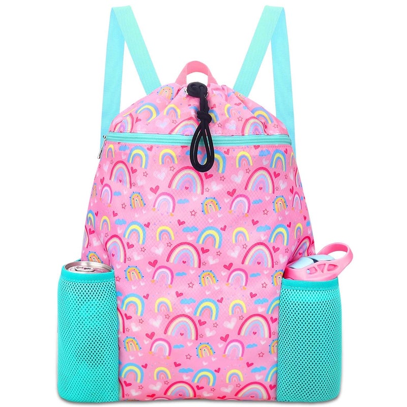 RHCPFOVR Rainbow Drawstring Backpack for Kids Drawstring Bags for Girls Swim Bag for Beach Swimming Pool Lightweight Draw String Bags Waterproof Sports Gym Bag With Two Water Bottle Holder - Image 2