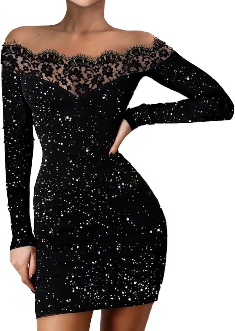 klarako Women's Fashion Glitter Split Hems Contrast Mesh DressTurtleneck Long Sleeve Party Dress (Black-3, XL) - Image 1