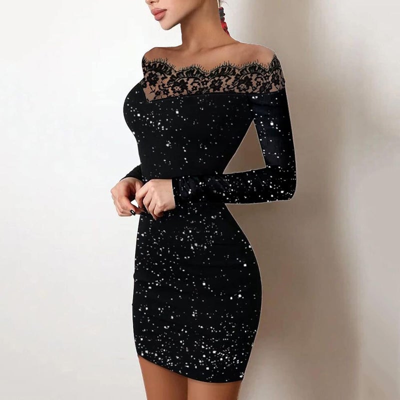 klarako Women's Fashion Glitter Split Hems Contrast Mesh DressTurtleneck Long Sleeve Party Dress (Black-3, XL) - Image 3