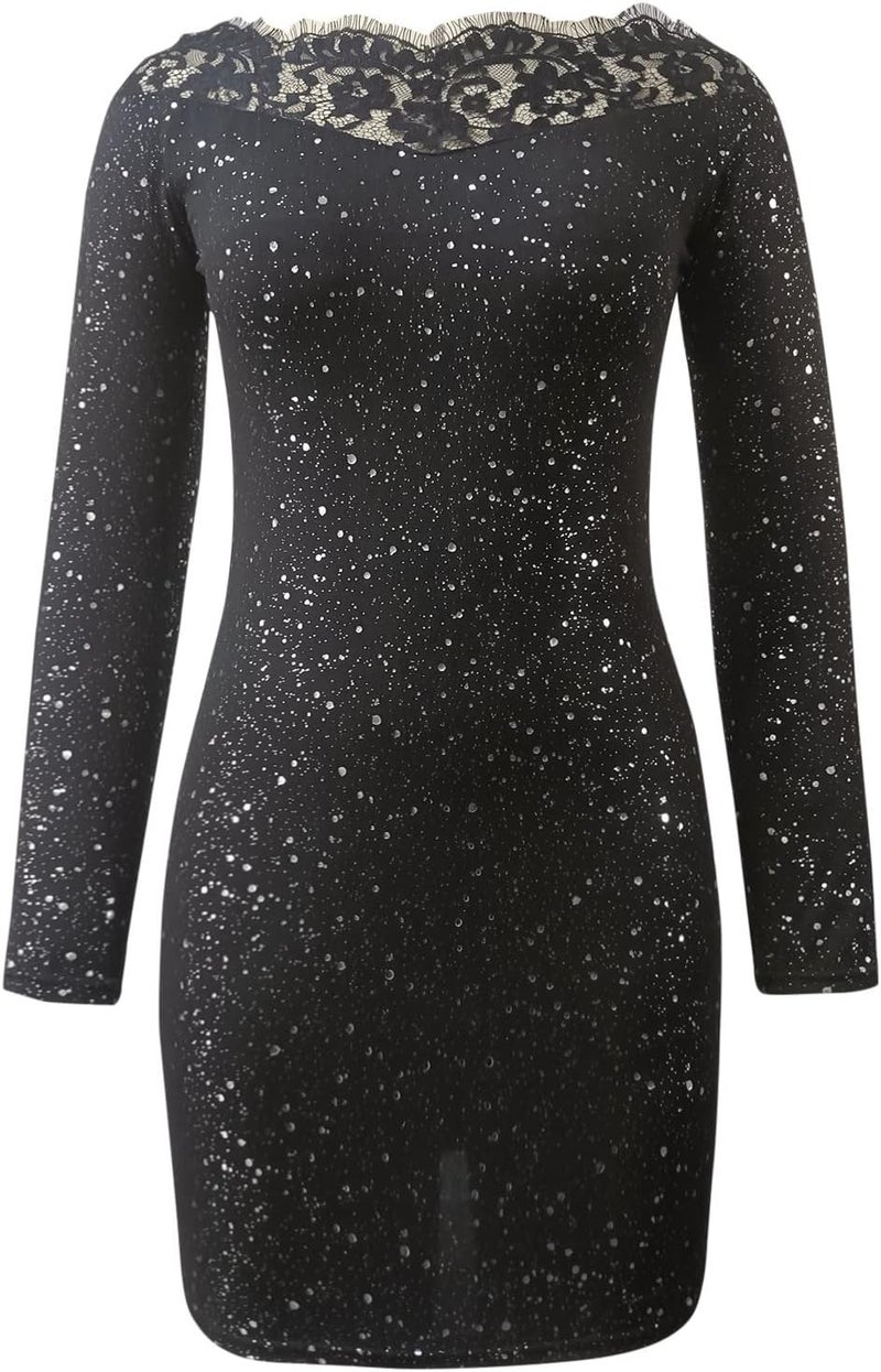 klarako Women's Fashion Glitter Split Hems Contrast Mesh DressTurtleneck Long Sleeve Party Dress (Black-3, XL) - Image 4