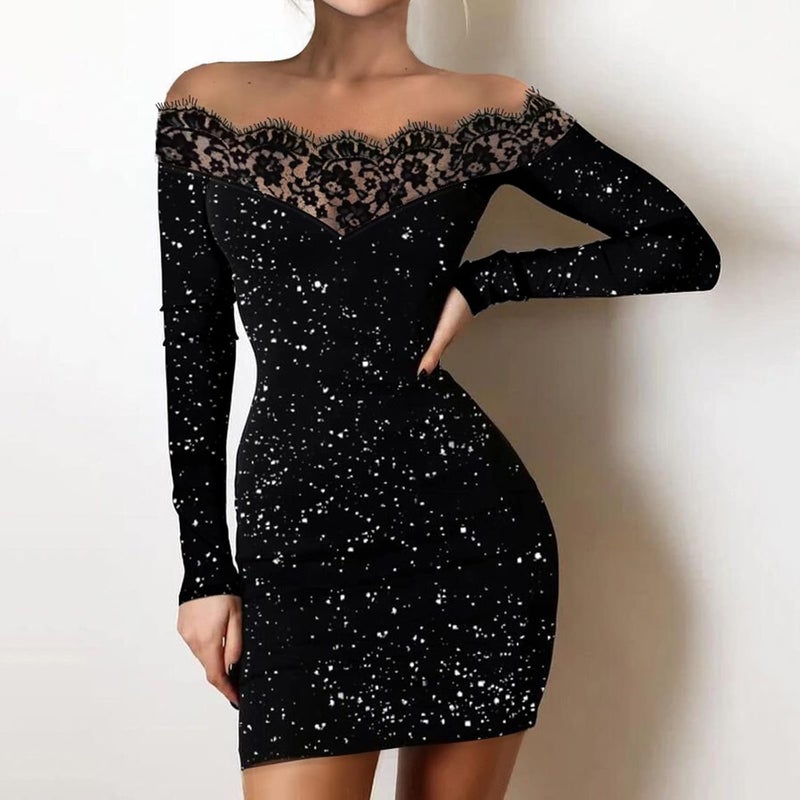 klarako Women's Fashion Glitter Split Hems Contrast Mesh DressTurtleneck Long Sleeve Party Dress (Black-3, XL) - Image 2