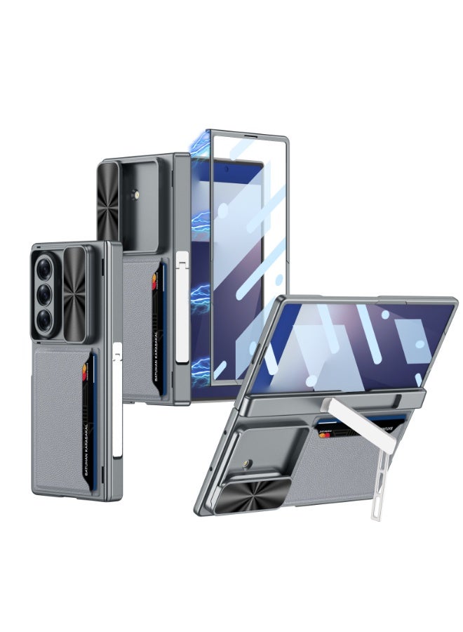 عام غطاء مع زجاج أمامي، جيب بطاقات وغالق كاميرا لسامسونج جالكسي فولد 6: غطاء واقٍ كامل للجسم مع حماية المفصل، حامل قابل للطي، فتحة بطاقة مخفية، مقاوم للصدمات من البولي كربونات الصلب. - Image 1