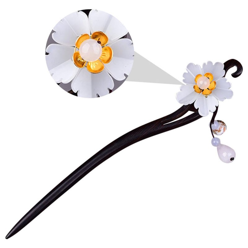 Retro Blackwood Hair Stick for Women, Handmade Chinese Style Decorative Hairpin with White Glass Flower, Traditional Vintage Hair Accessory for Hairstyles and Hanfu - Image 1
