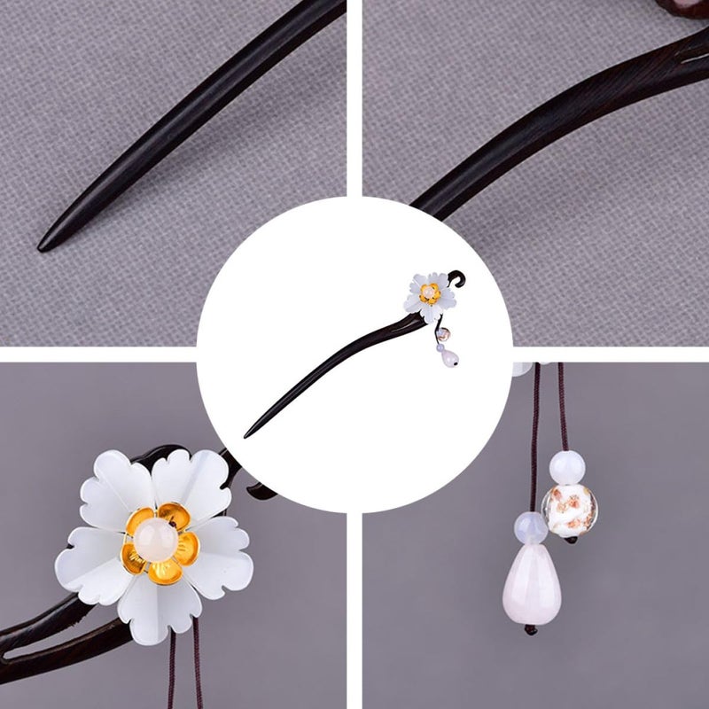 Retro Blackwood Hair Stick for Women, Handmade Chinese Style Decorative Hairpin with White Glass Flower, Traditional Vintage Hair Accessory for Hairstyles and Hanfu - Image 4