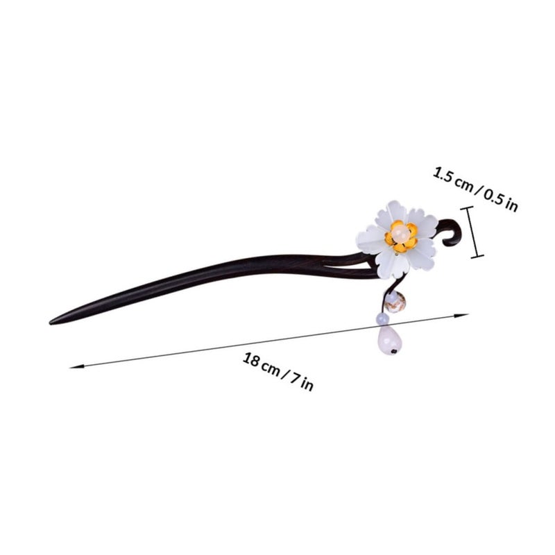Retro Blackwood Hair Stick for Women, Handmade Chinese Style Decorative Hairpin with White Glass Flower, Traditional Vintage Hair Accessory for Hairstyles and Hanfu - Image 2