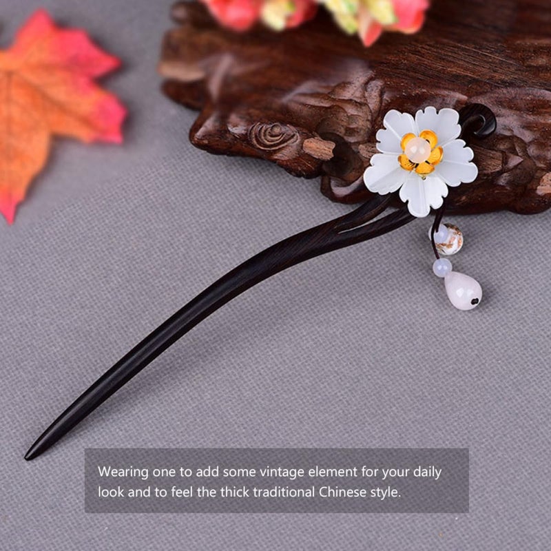 Retro Blackwood Hair Stick for Women, Handmade Chinese Style Decorative Hairpin with White Glass Flower, Traditional Vintage Hair Accessory for Hairstyles and Hanfu - Image 5