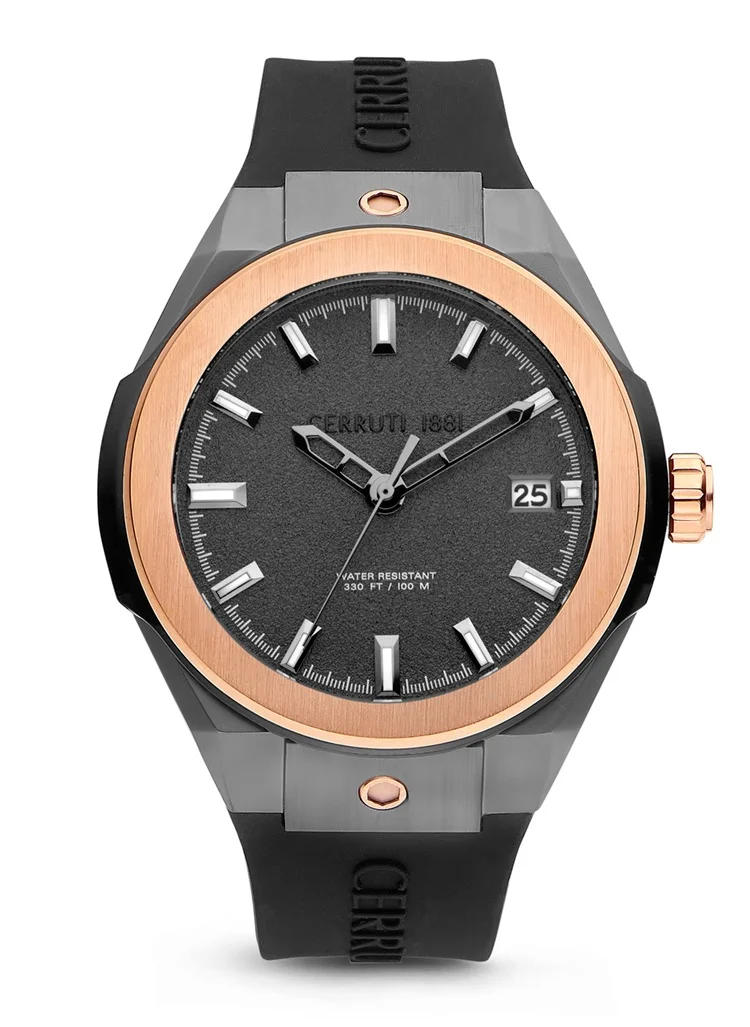 شيروتي 1881 Mens RUSCELLO Silicone Strap Analog Wrist Watch 42 mm Black