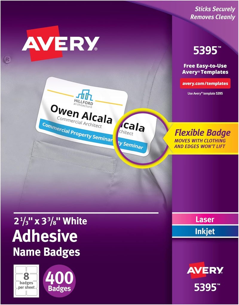 AVERY Flexible Name Tag Stickers, White Rectangle Labels, 400 Removable Name Badges, 2-1/3" x 3-3/8" (5395) - Image 1