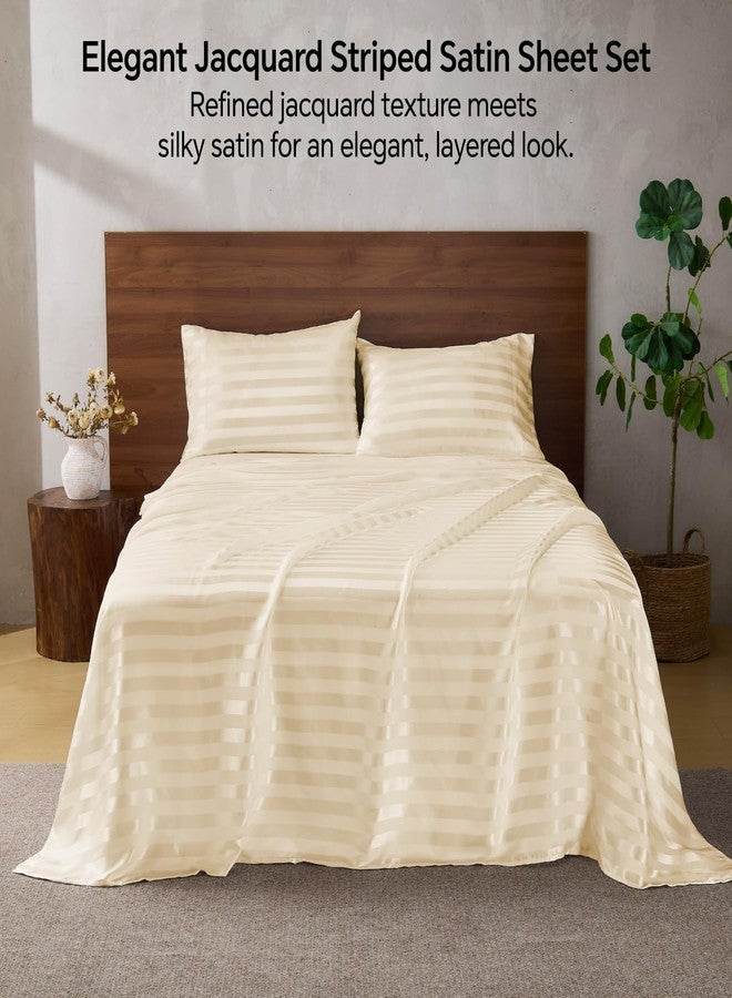 بيديليت ملاءات سرير BEDELITE من الساتان، مقاس كوين، طقم ملاءات فاخر مخطط بيج بنقشة الجاكار مع أشرطة مطاطية في الزوايا، يشبه طقم ملاءات الحرير، 4 قطع: ملاءة مثبتة بجيب عميق، ملاءة مسطحة، و2 غطاء وسادة. - Image 2