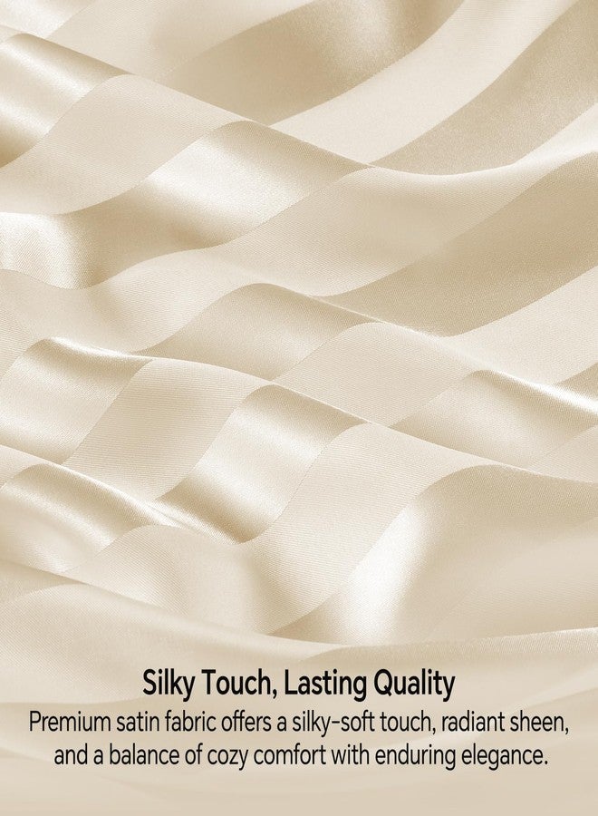 بيديليت ملاءات سرير BEDELITE من الساتان، مقاس كوين، طقم ملاءات فاخر مخطط بيج بنقشة الجاكار مع أشرطة مطاطية في الزوايا، يشبه طقم ملاءات الحرير، 4 قطع: ملاءة مثبتة بجيب عميق، ملاءة مسطحة، و2 غطاء وسادة. - Image 3