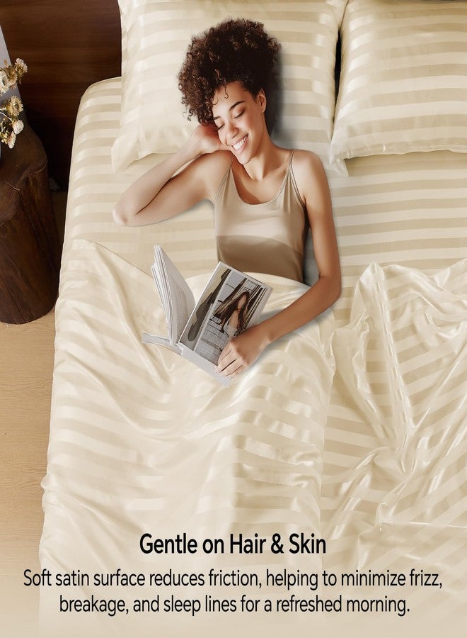 بيديليت ملاءات سرير BEDELITE من الساتان، مقاس كوين، طقم ملاءات فاخر مخطط بيج بنقشة الجاكار مع أشرطة مطاطية في الزوايا، يشبه طقم ملاءات الحرير، 4 قطع: ملاءة مثبتة بجيب عميق، ملاءة مسطحة، و2 غطاء وسادة. - Image 4