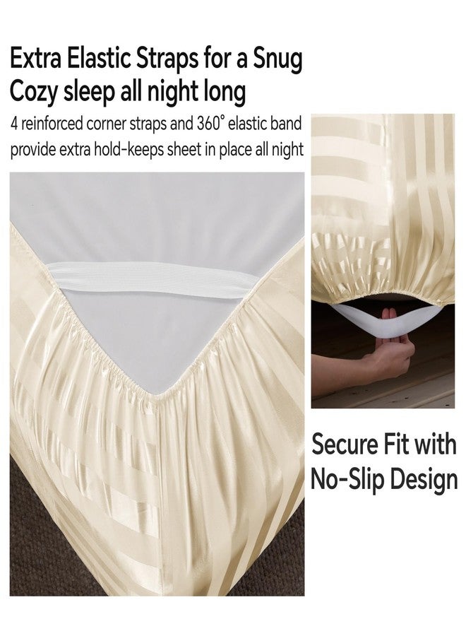 بيديليت ملاءات سرير BEDELITE من الساتان، مقاس كوين، طقم ملاءات فاخر مخطط بيج بنقشة الجاكار مع أشرطة مطاطية في الزوايا، يشبه طقم ملاءات الحرير، 4 قطع: ملاءة مثبتة بجيب عميق، ملاءة مسطحة، و2 غطاء وسادة. - Image 5