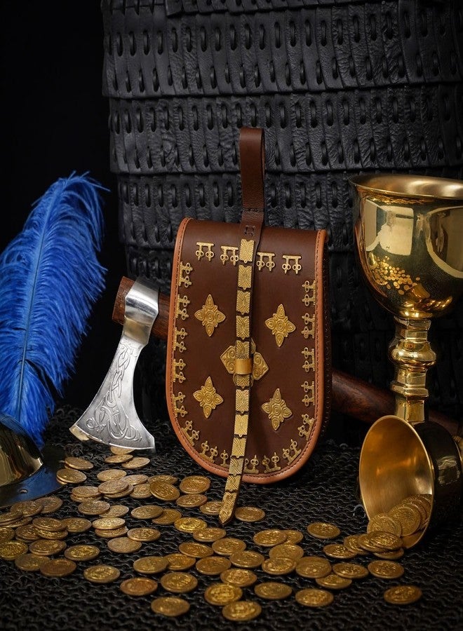 ميثروجان حقيبة بيركا جلدية من العصور الوسطى من ميثروجان، حقيبة حزام جلدية، حقيبة بيركا فايكنج مزينة بنقوش نحاسية صلبة، مناسبة لأزياء الفايكنج التنكرية وإعادة تمثيل الأحداث التاريخية (SCA LARP) - بني - Image 4