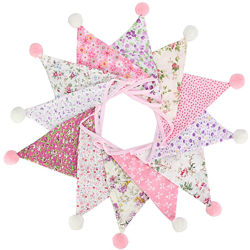 G2PLUS 4M Fabric Bunting Banner with 12PCS Double Sided Cotton Pennants, 17x19CM Floral Triangle Garlands for Birthday Parties Ceremonies Kitchen Bedrooms Decoration-Pink - Image 1
