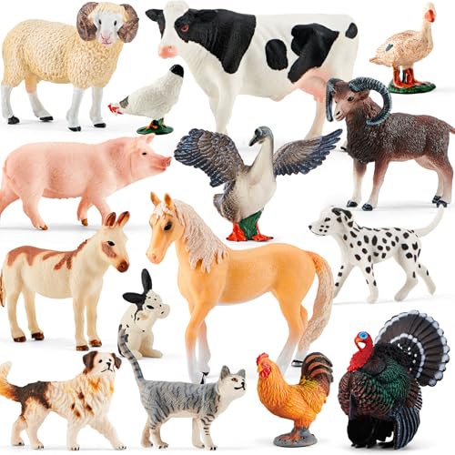 Divwa Farm Animal Toy Figure Set, 15Pcs Plastic Kid Farm Animal Toy Playset Cow Horse Goat Sheep Pig Donkey Goose Duck Turkey Chicken Dog Cat Rabbit for Toddler 3-5 5-7 - Image 1