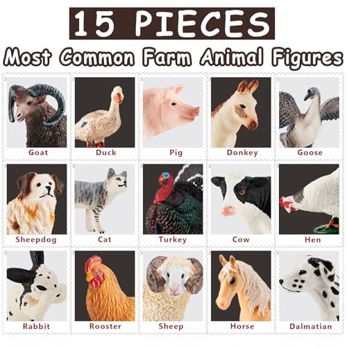 Divwa Farm Animal Toy Figure Set, 15Pcs Plastic Kid Farm Animal Toy Playset Cow Horse Goat Sheep Pig Donkey Goose Duck Turkey Chicken Dog Cat Rabbit for Toddler 3-5 5-7 - Image 3