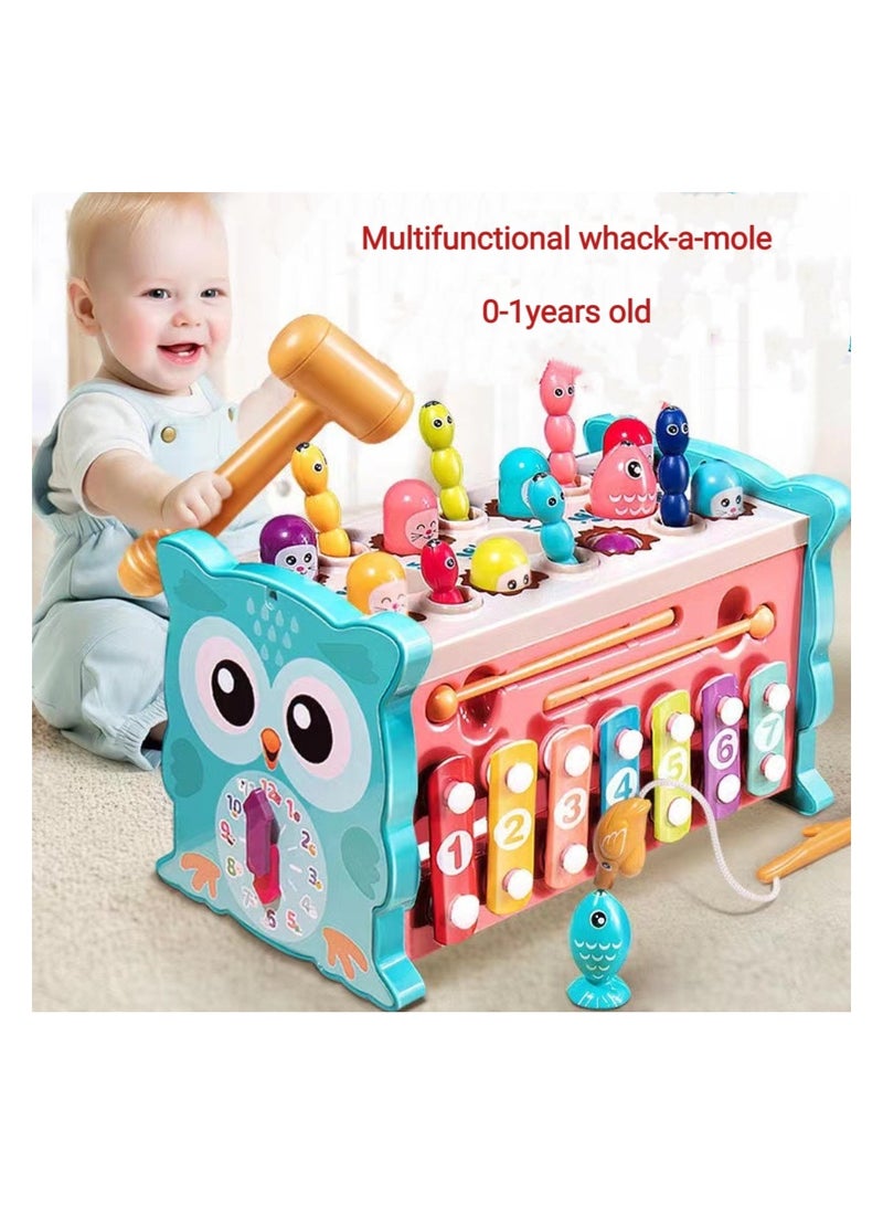 3-in-1 wooden percussion stool, fishing, hammering and tapping toys, Montessori early development toys (with whack-a-mole game), xylophone, pattern recognition, digital clock, birthday gift for 1 2 3 4 year old babies (green) - Image 1