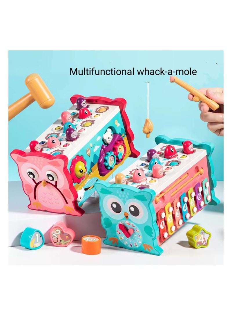 3-in-1 wooden percussion stool, fishing, hammering and tapping toys, Montessori early development toys (with whack-a-mole game), xylophone, pattern recognition, digital clock, birthday gift for 1 2 3 4 year old babies (green) - Image 2