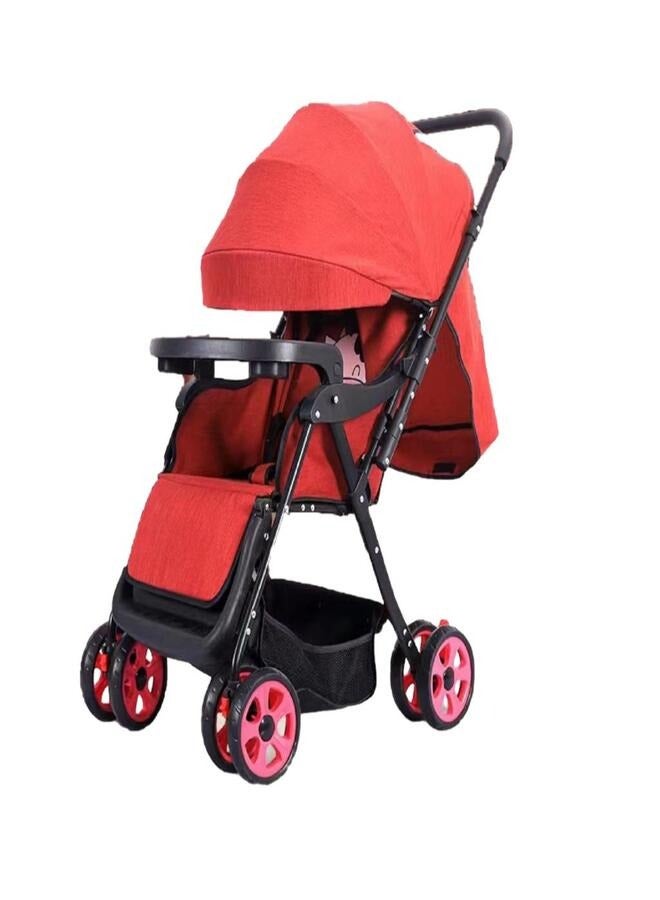 Lightweight Folding Baby Stroller with Reclining Back Sit and Lying Four Wheels Shock Absorption Canopy Extended High Landscape