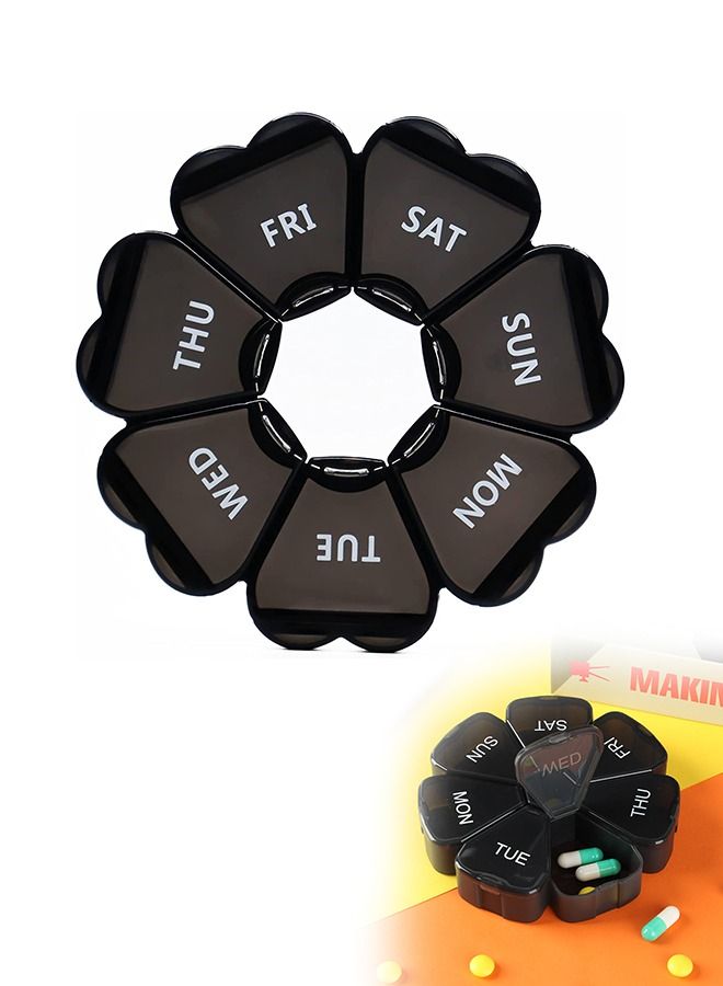 Flower Shape Weekly 7 Day Large Pill Organizer, Circle PP Material Portable Pill Dispenser Box Case, Gummy Medication Store Container(Black) - Image 1