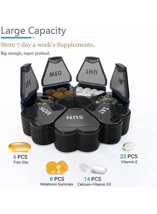 Flower Shape Weekly 7 Day Large Pill Organizer, Circle PP Material Portable Pill Dispenser Box Case, Gummy Medication Store Container(Black) - Image 5