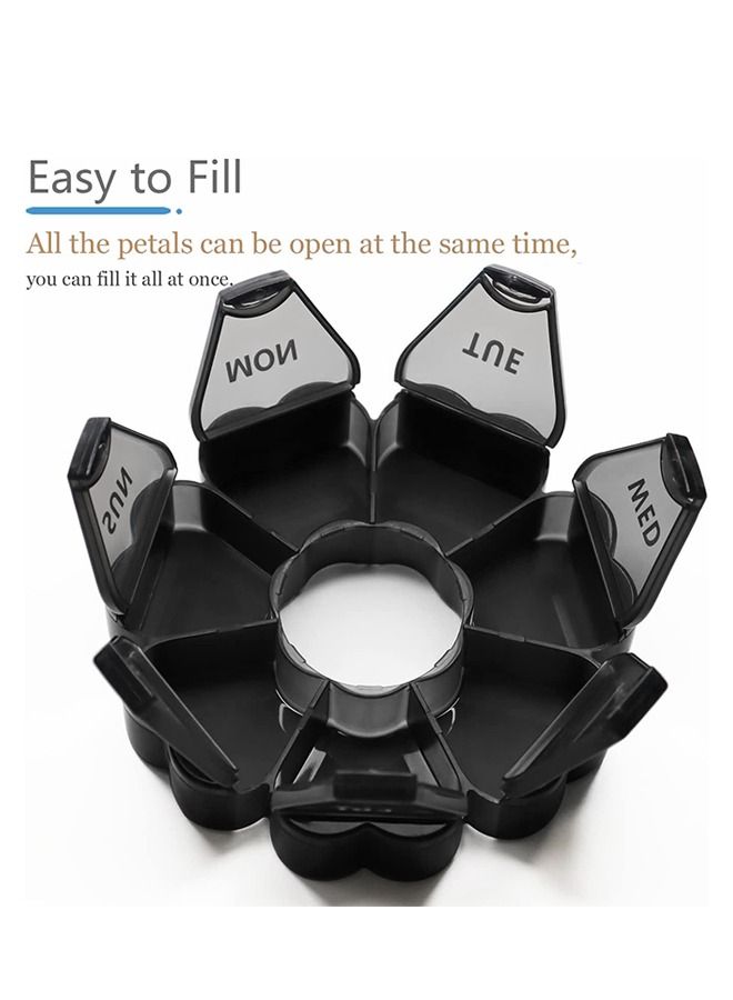 Flower Shape Weekly 7 Day Large Pill Organizer, Circle PP Material Portable Pill Dispenser Box Case, Gummy Medication Store Container(Black) - Image 4