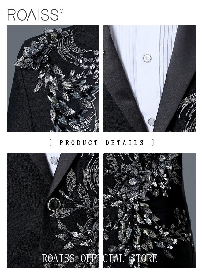 roaiss - 2 Piece Slim Fit Formal Suits for Men Crystal 3D Rhinestones Embroidery Blazer and Pants Set for Wedding Performance or Celebration with Single Breasted 1 Botton - Image 1