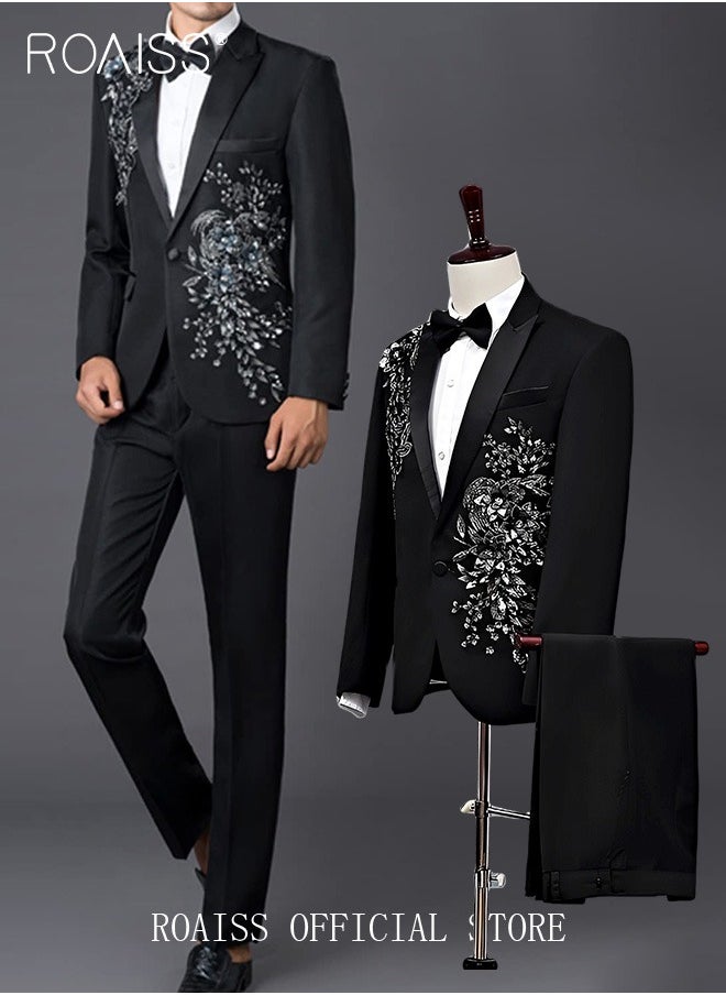 roaiss - 2 Piece Slim Fit Formal Suits for Men Crystal 3D Rhinestones Embroidery Blazer and Pants Set for Wedding Performance or Celebration with Single Breasted 1 Botton - Image 1