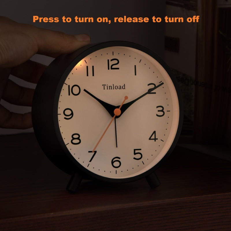 Tinload 4.5" Antique Retro Analog Alarm Clock, Small Silent Bedside Desk Clock,Lighted on Demand, Battery Operated, Snooze, for Living Room, Bedroom, Bedside(Black) - Image 5