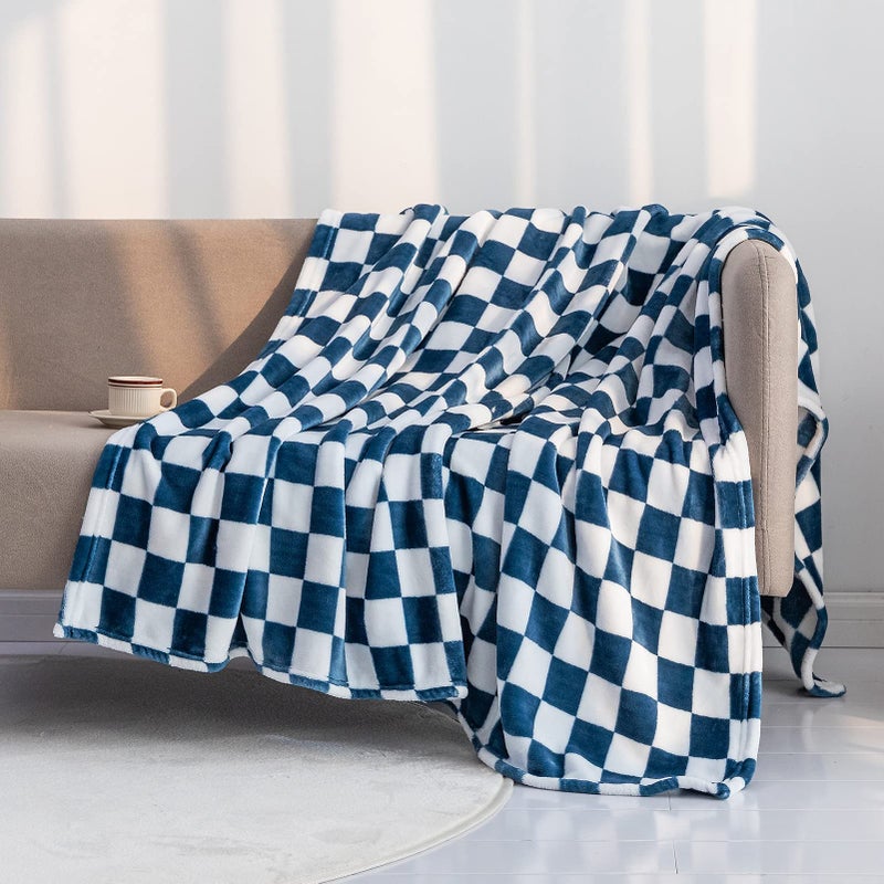LOMAO Throw Blankets Flannel Blanket with Checkerboard Grid Pattern Soft Throw Blanket for Couch Bed Sofa Luxurious Warm and Cozy for All Seasons Navy 50x60