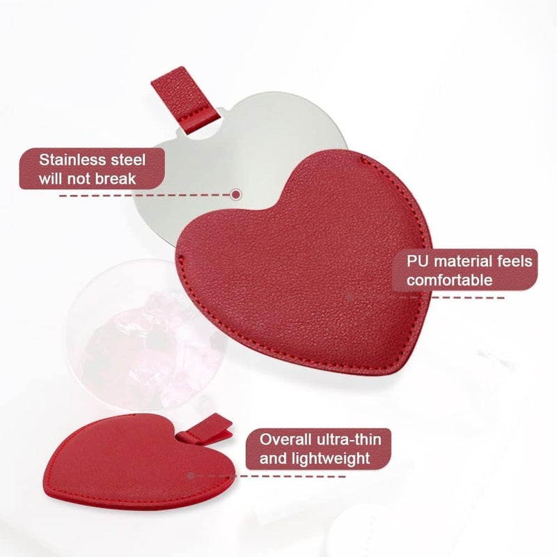 Hooipo Hooipo Stainless Steel Compact Mirror Heart Shaped Shatterproof Pocket Mirror with PU Leather Sleeve Mini Unbreakable Purse Mirror Portable for Travel Makeup Bag for Women Girls - Image 3