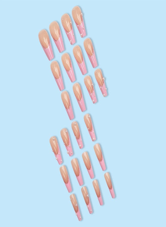 Vezocim Press on Nails Coffin Long French Tips Pink Glossy Full Cover Acrylic Square Fake Nails with Pearl Designs Extra Long Artificial False Nails Glue on Fingernails with Charm for Women Girls - Image 3