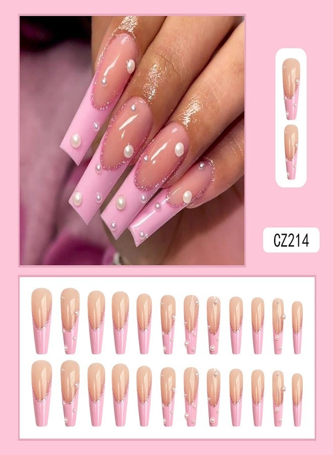 Vezocim Press on Nails Coffin Long French Tips Pink Glossy Full Cover Acrylic Square Fake Nails with Pearl Designs Extra Long Artificial False Nails Glue on Fingernails with Charm for Women Girls - Image 2