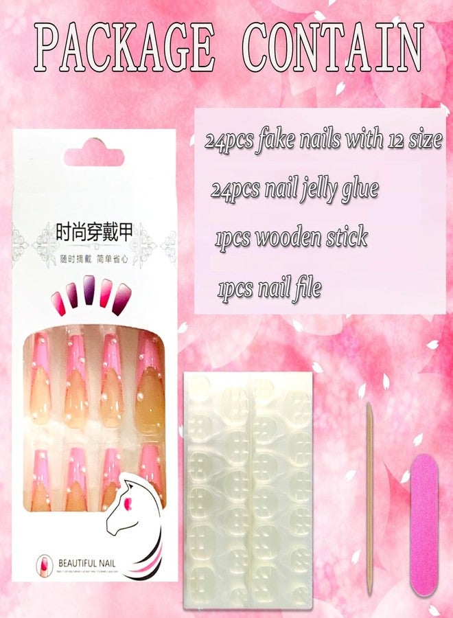 Vezocim Press on Nails Coffin Long French Tips Pink Glossy Full Cover Acrylic Square Fake Nails with Pearl Designs Extra Long Artificial False Nails Glue on Fingernails with Charm for Women Girls - Image 4