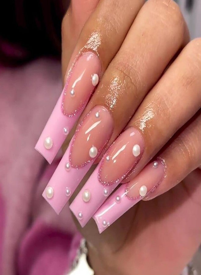 Vezocim Press on Nails Coffin Long French Tips Pink Glossy Full Cover Acrylic Square Fake Nails with Pearl Designs Extra Long Artificial False Nails Glue on Fingernails with Charm for Women Girls - Image 1