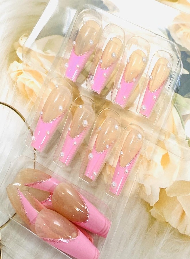 Vezocim Press on Nails Coffin Long French Tips Pink Glossy Full Cover Acrylic Square Fake Nails with Pearl Designs Extra Long Artificial False Nails Glue on Fingernails with Charm for Women Girls - Image 5