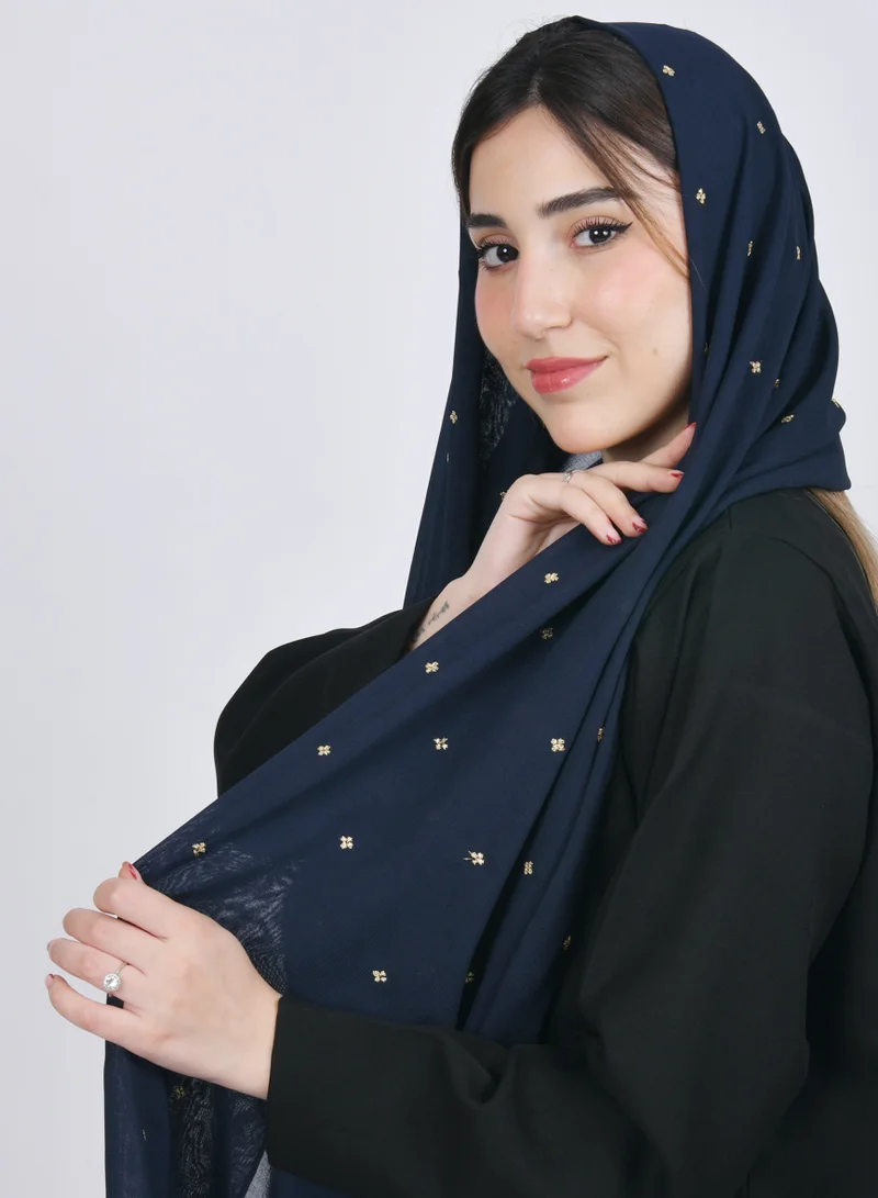 عبايات حوراء طرحه حرير بلون كحلي بتطريز زهور ذهبيه صغيره متفرقه