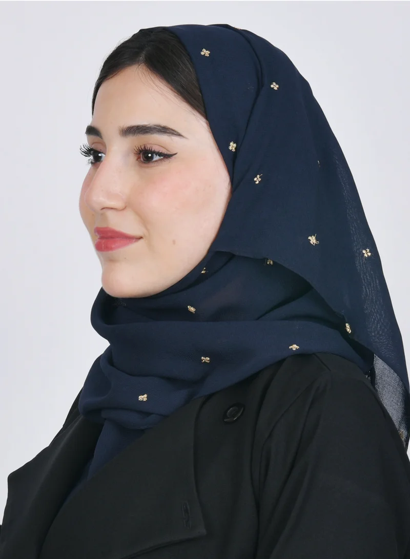 عبايات حوراء طرحه حرير بلون كحلي بتطريز زهور ذهبيه صغيره متفرقه
