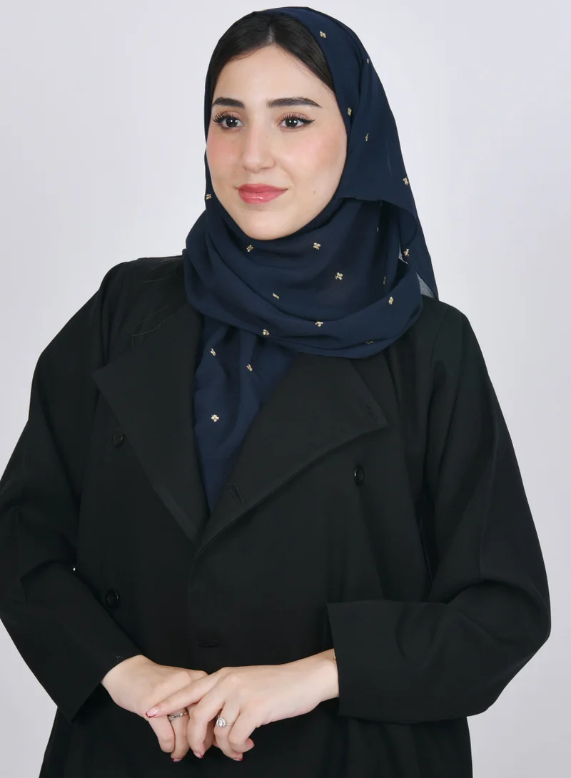 عبايات حوراء طرحه حرير بلون كحلي بتطريز زهور ذهبيه صغيره متفرقه