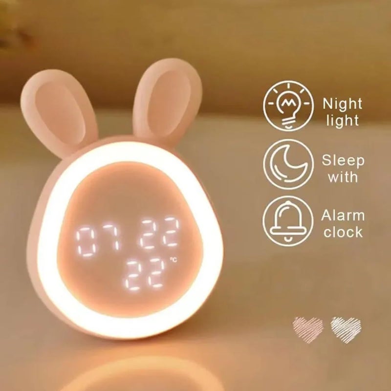 مُنبه رقمي بتصميم أرنب كرتوني GIFTER مع إضاءة LED / ساعة منبه رقمية بإضاءة خافتة قابلة للتعديل / ضوء ليلي ذكي للأطفال والأولاد والبنات بشكل لطيف - Image 4