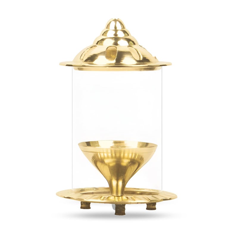 Klassic Navjyoti 4 Inch Small Diya with Borosilicate Glass Shade for Mandir Decorative Brass Glass Oil Lamp Lantern Diya with Glass Cover for Prayers Cylindrical Borosilicate Glass Brass Diya - Image 3
