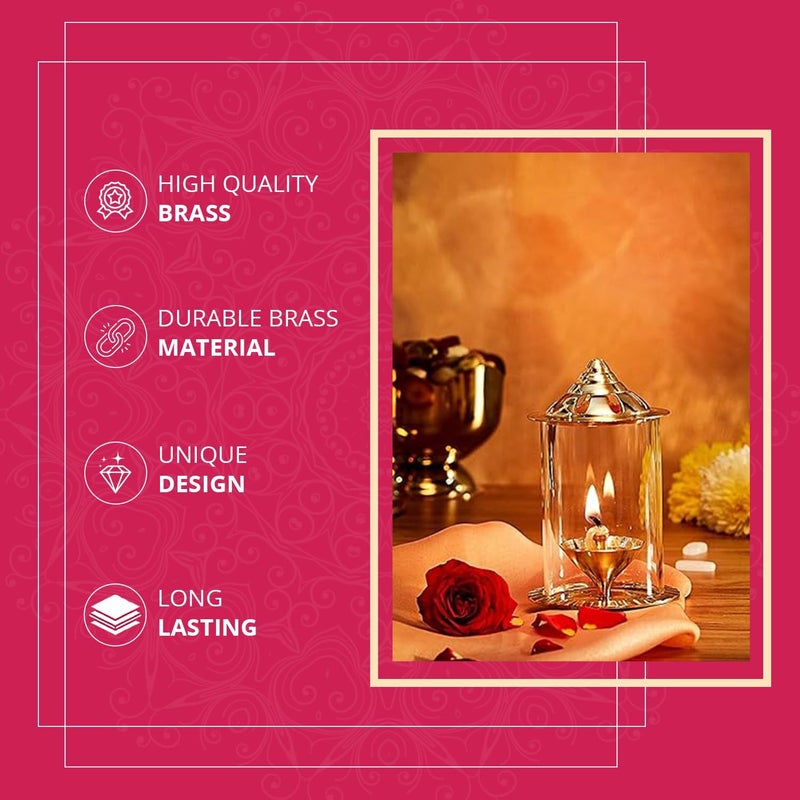 Klassic Navjyoti 4 Inch Small Diya with Borosilicate Glass Shade for Mandir Decorative Brass Glass Oil Lamp Lantern Diya with Glass Cover for Prayers Cylindrical Borosilicate Glass Brass Diya - Image 4