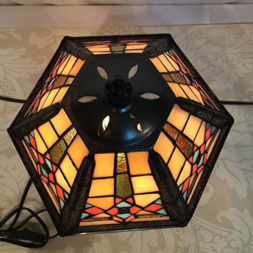 Bieye L10791 Mission Style Table Lamp Tiffany Stained Glass Night Light with Hexagonal Cone Lampshade, 10" W x 16" H - Image 5