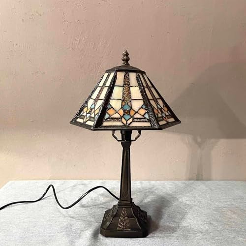 Bieye L10791 Mission Style Table Lamp Tiffany Stained Glass Night Light with Hexagonal Cone Lampshade, 10" W x 16" H - Image 4