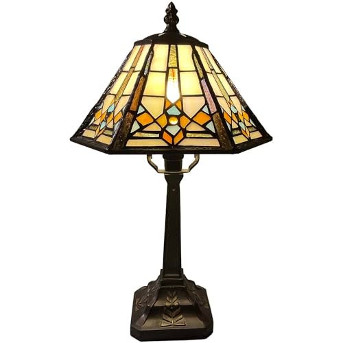 Bieye L10791 Mission Style Table Lamp Tiffany Stained Glass Night Light with Hexagonal Cone Lampshade, 10" W x 16" H - Image 1